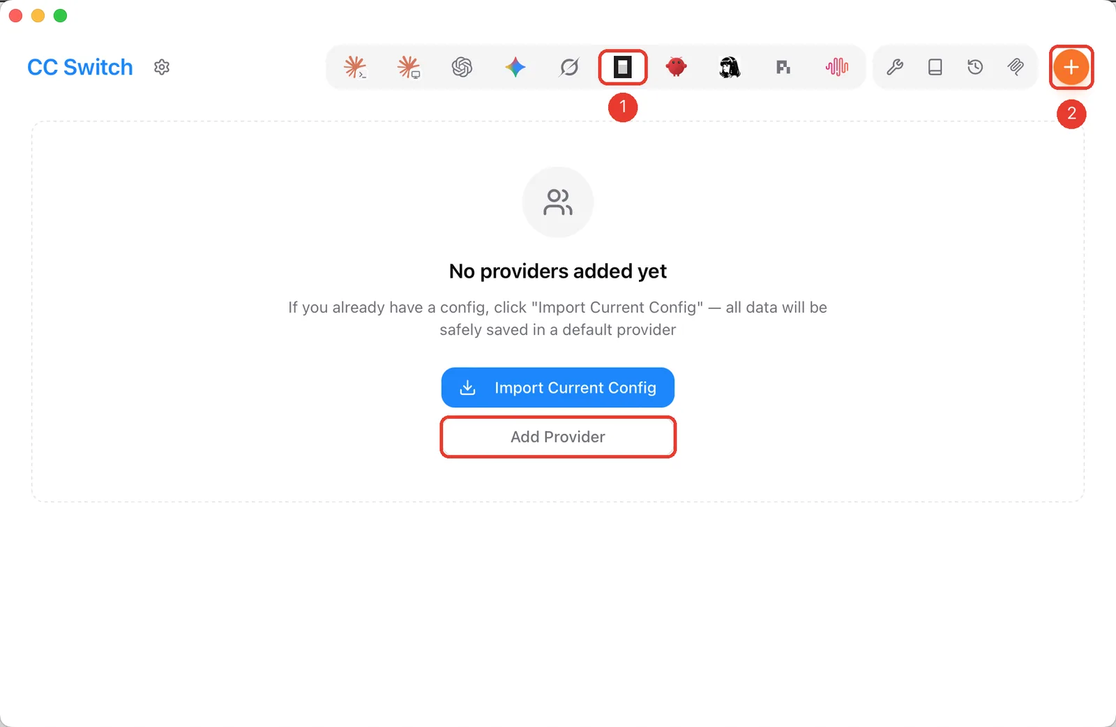 CC Switch OpenCode tab with no providers yet, the plus button and Add Provider highlighted