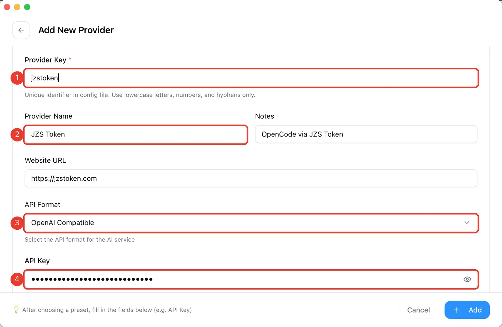 OpenCode provider form: provider key jzstoken, name JZS Token, API format OpenAI Compatible, API key masked