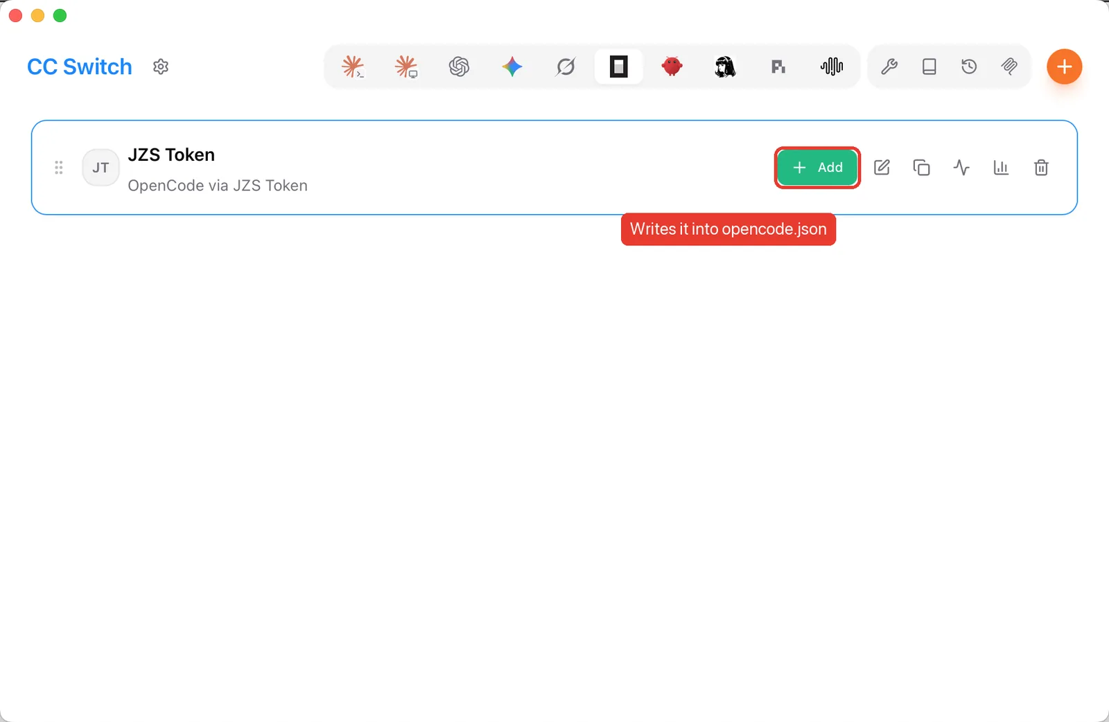 OpenCode provider card in CC Switch with its green Add button highlighted
