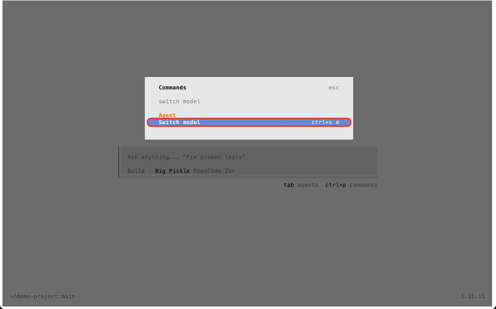 OpenCode command palette with Switch model highlighted