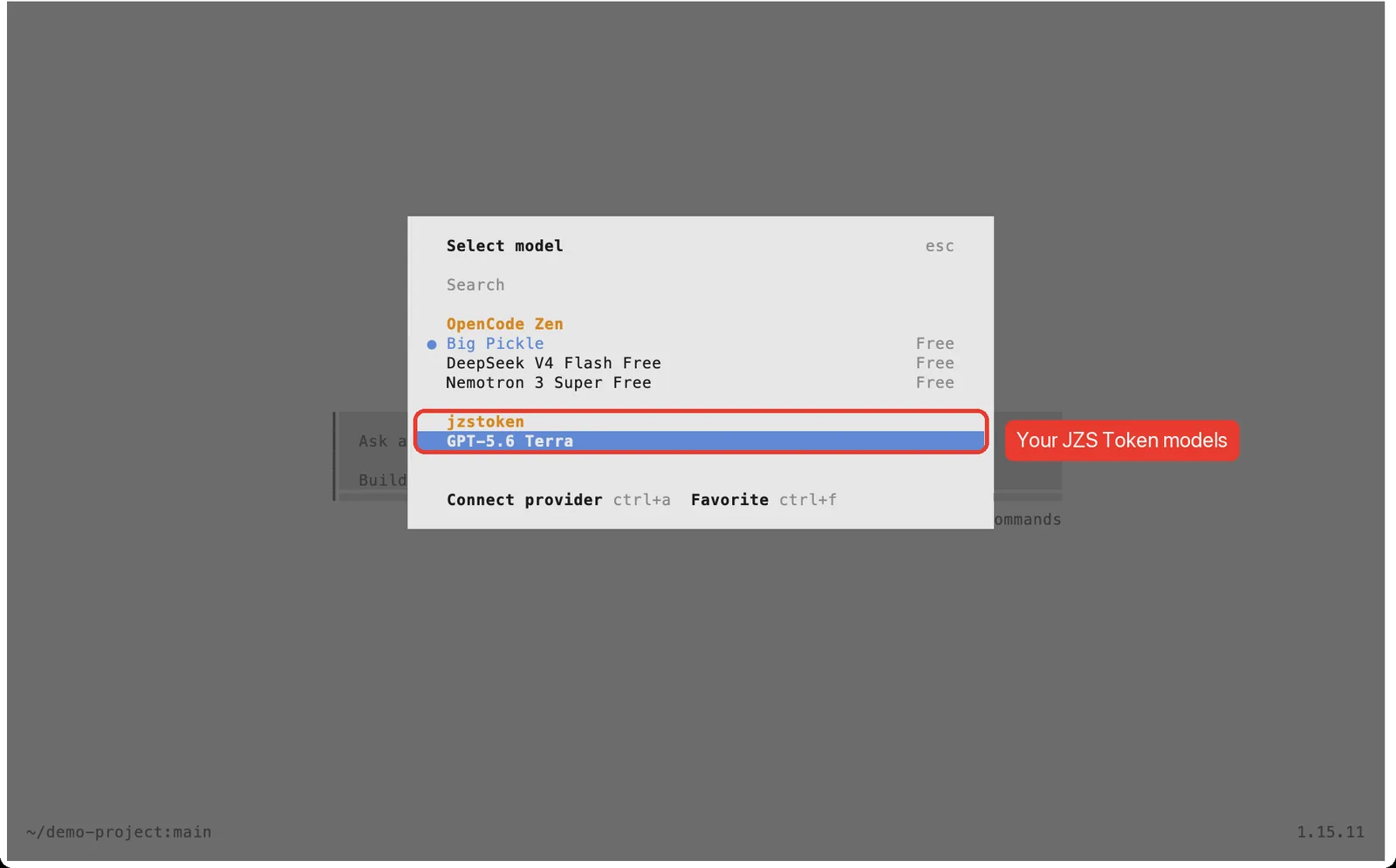 OpenCode Select model dialog with the jzstoken group and GPT-5.6 Terra selected