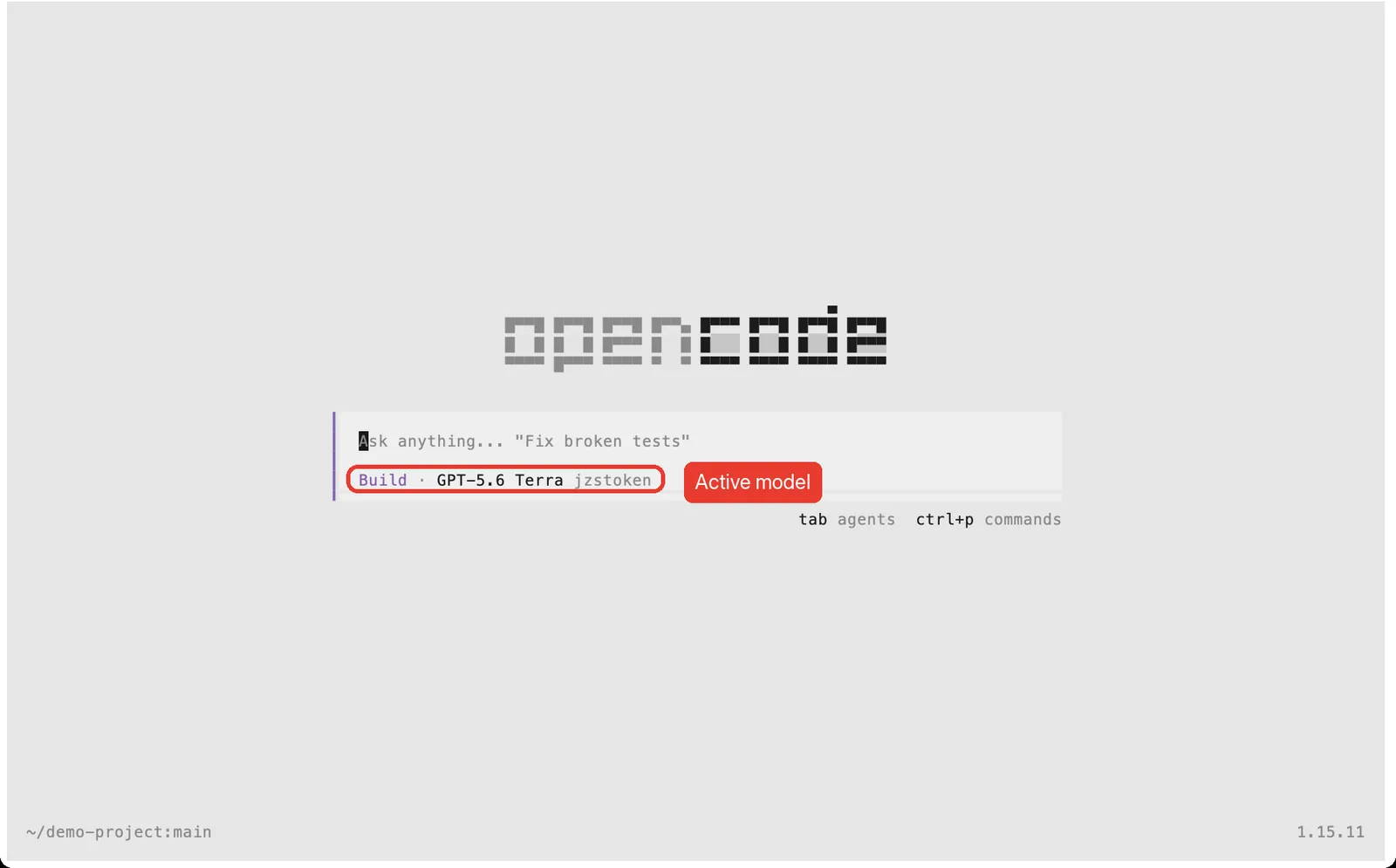 OpenCode prompt bar showing Build, GPT-5.6 Terra, jzstoken